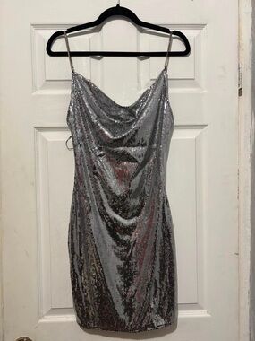 Silver Sequin Cowl Mini Dress with Chain Straps